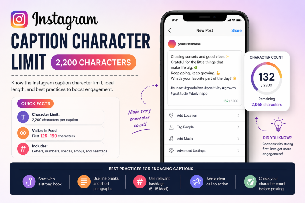 instagram caption character limit infographic showing 2200 characters and best practices