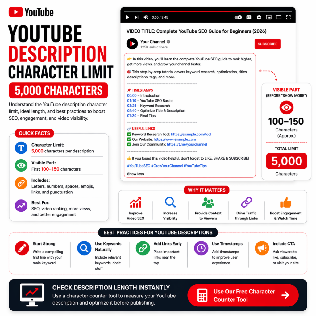 youtube description character limit infographic showing 5000 characters and best practices