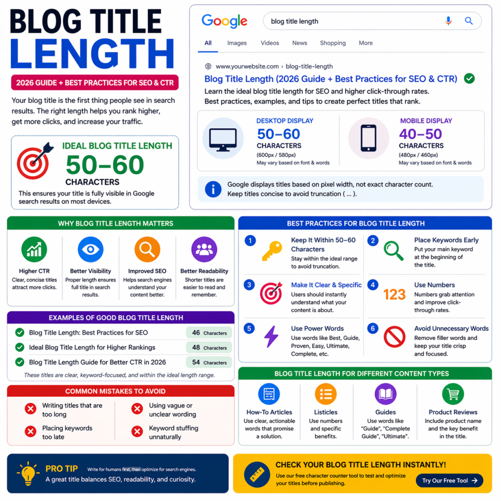 blog title length infographic showing ideal 50 to 60 characters for SEO and CTR