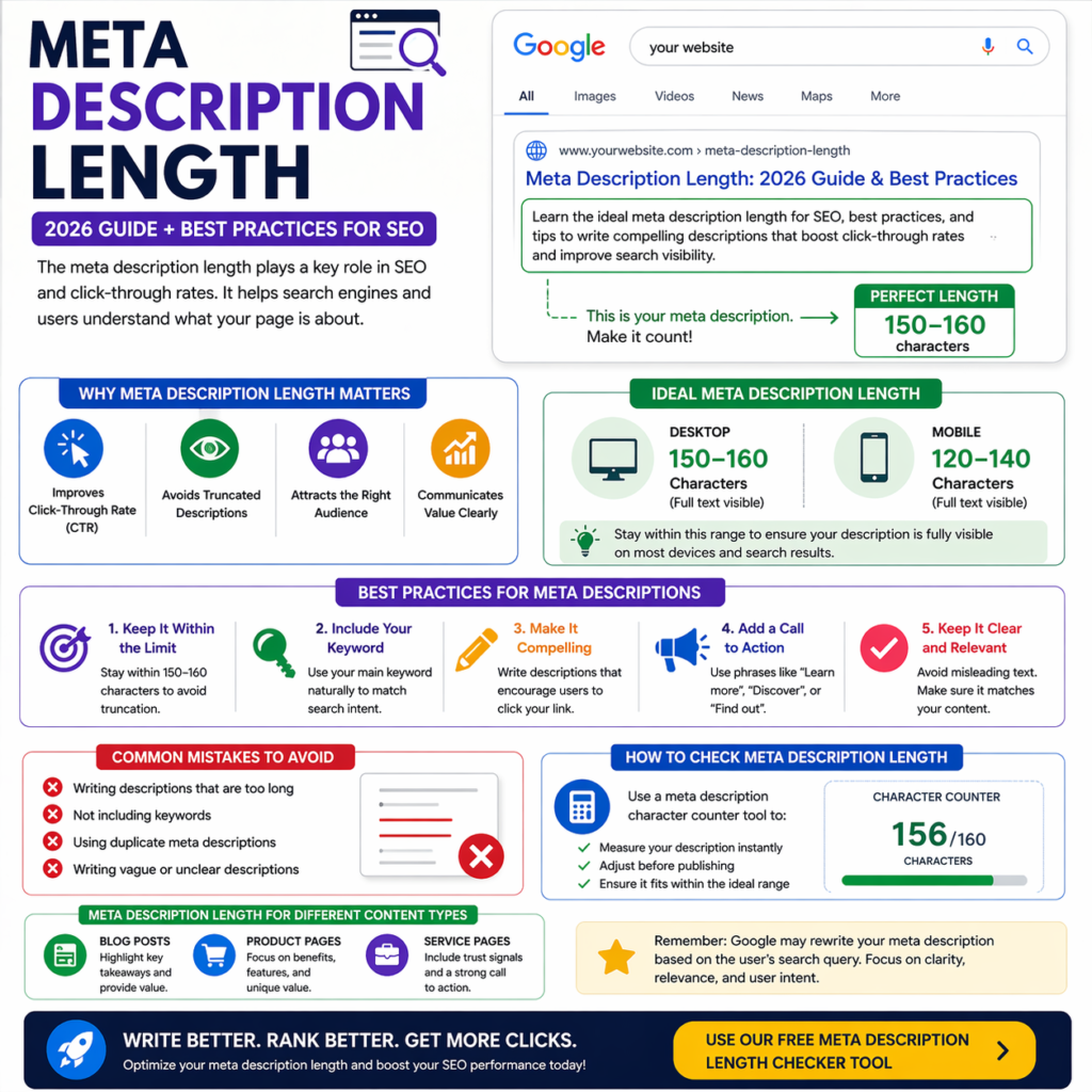 meta description length infographic showing 150 to 160 characters and SEO best practices